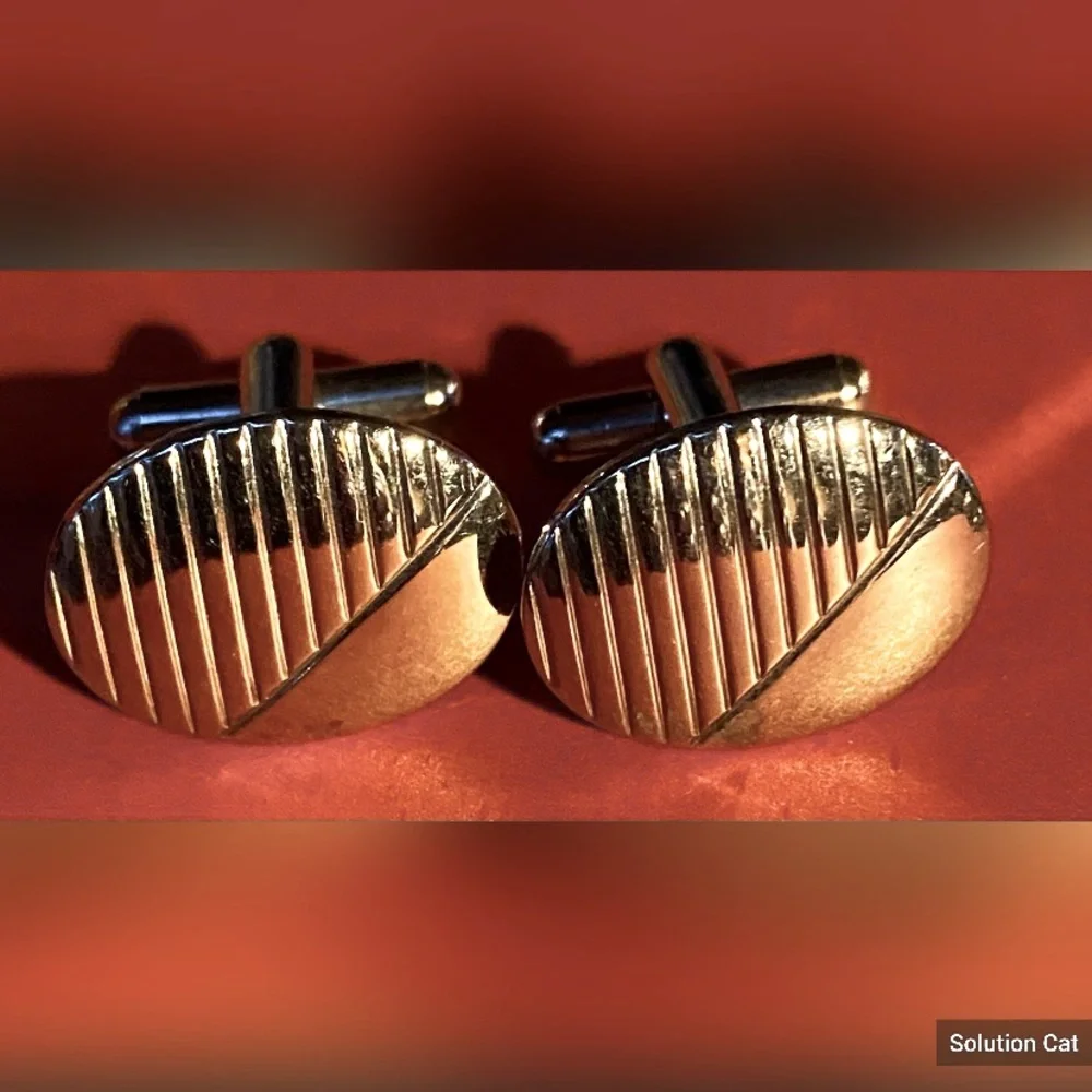 Men’s Silver Tone Etched Striped Oval Art Deco MCM 3/4” Cuff Links
